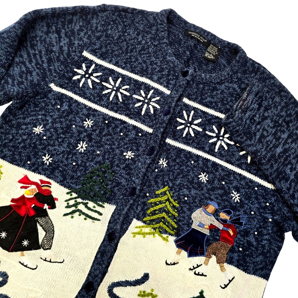 Reference Point Winter Skaters Cardigan L Blue Ramie Cotton Snowflakes Holiday‎